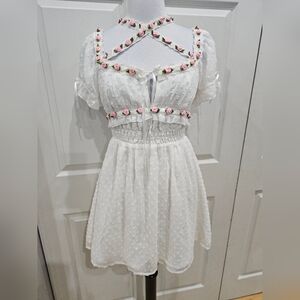 Dolls Kill Sugar Thrillz White Swiss Dot Floral Rose Regal Days Mini Dress XS S